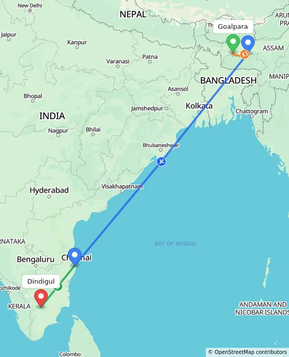 Route map showing distance and travel time from Goalpara, India to Dindigul, India