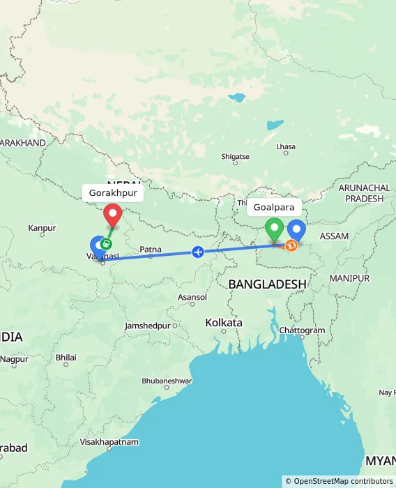 Route map showing distance and travel time from Goalpara, India to Gorakhpur, India
