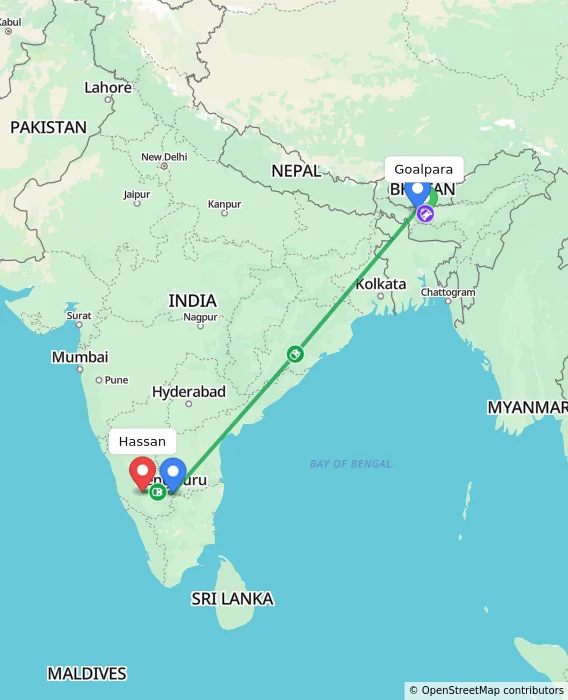 Route map showing distance and travel time from Goalpara, India to Hassan, India