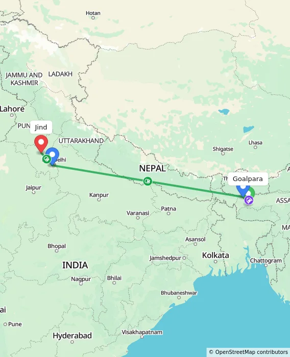 Route map showing distance and travel time from Goalpara, India to Jind, India