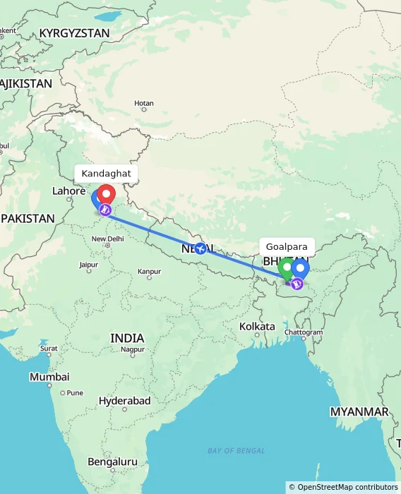 Route map showing distance and travel time from Goalpara, India to Kandaghat, India