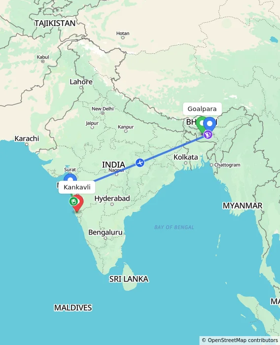 Route map showing distance and travel time from Goalpara, India to Kankavli, India