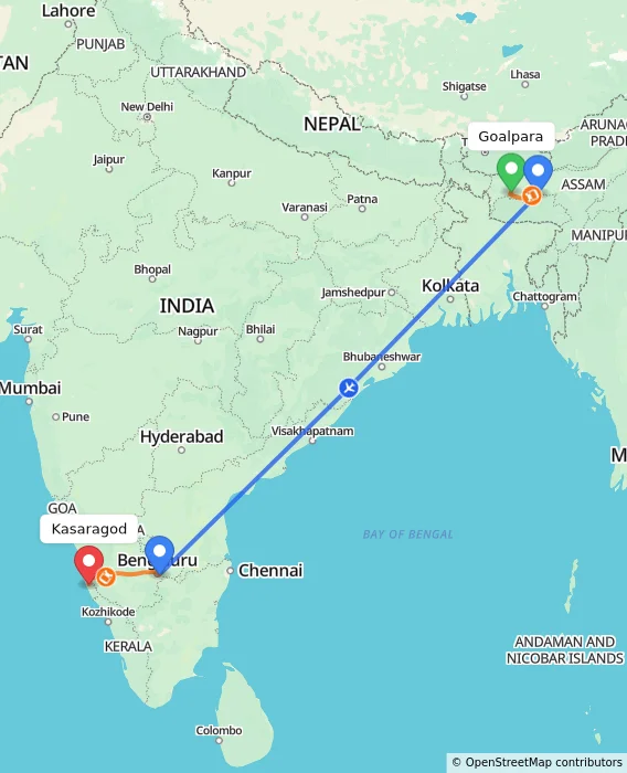 Route map showing distance and travel time from Goalpara, India to Kasaragod, India