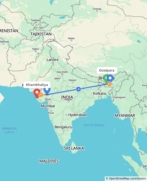 Route map showing distance and travel time from Goalpara, India to Khambhaliya, India