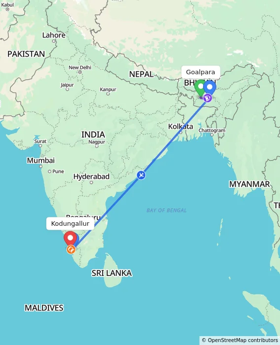 Route map showing distance and travel time from Goalpara, India to Kodungallur, India
