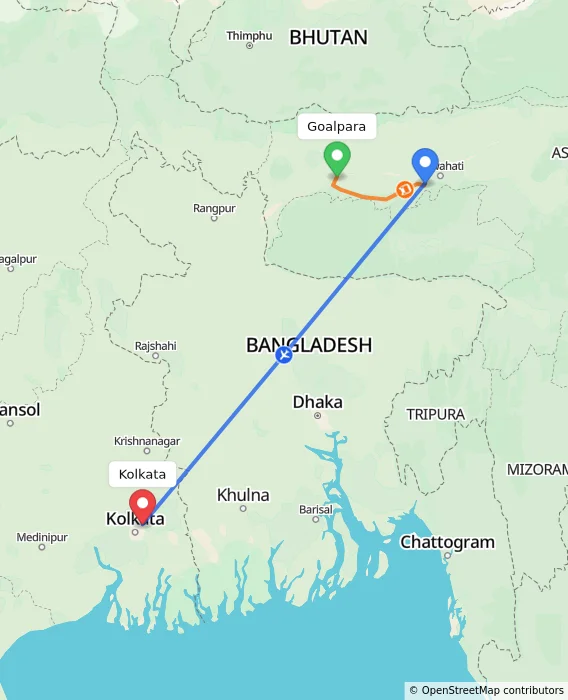 Route map showing distance and travel time from Goalpara, India to Kolkata, India