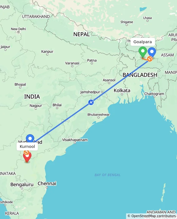 Route map showing distance and travel time from Goalpara, India to Kurnool, India