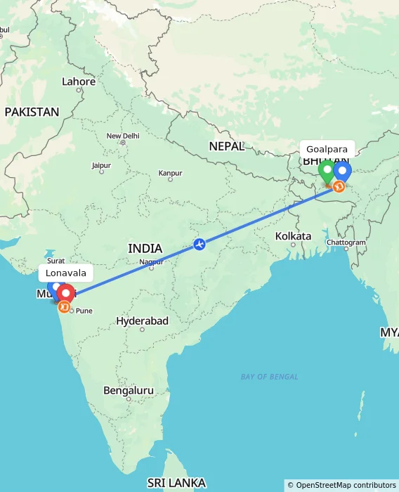 Route map showing distance and travel time from Goalpara, India to Lonavala, India