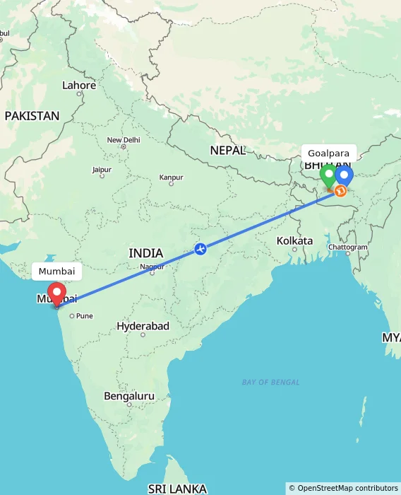 Route map showing distance and travel time from Goalpara, India to Mumbai, India