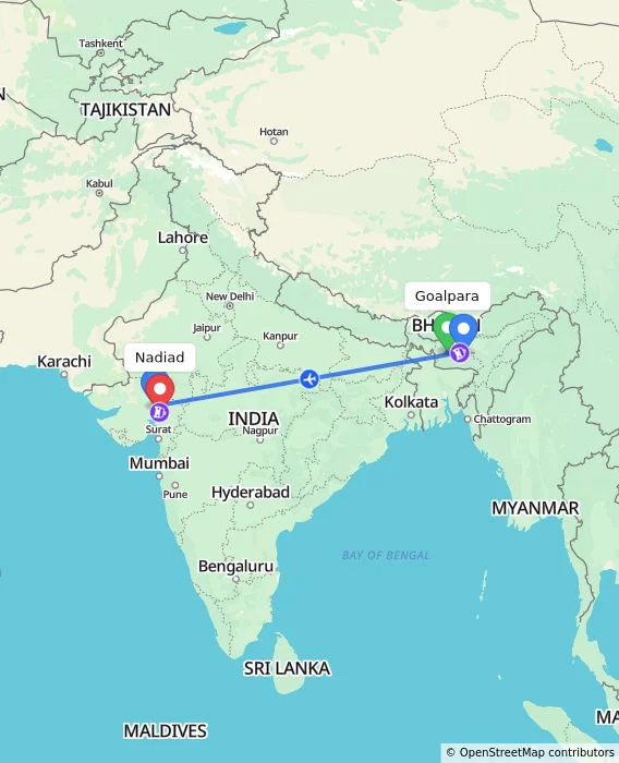 Route map showing distance and travel time from Goalpara, India to Nadiad, India