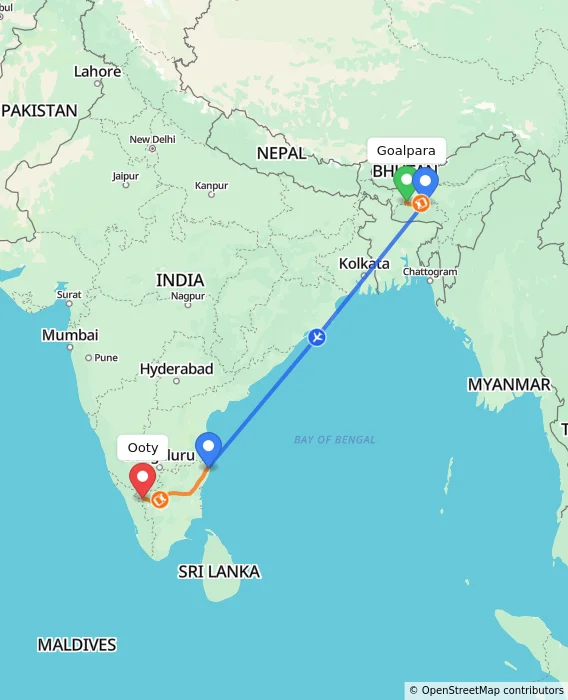 Route map showing distance and travel time from Goalpara, India to Ooty, India