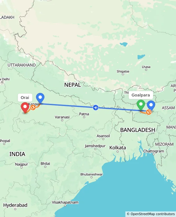 Route map showing distance and travel time from Goalpara, India to Orai, India