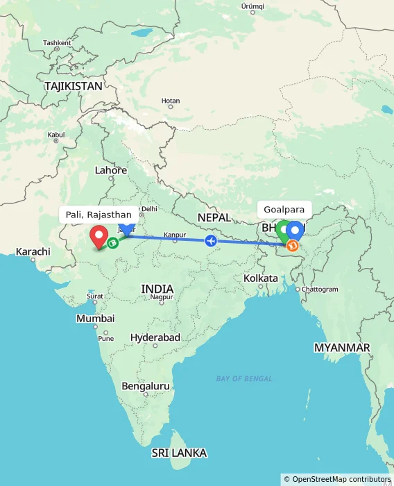 Route map showing distance and travel time from Goalpara, India to Pali, Rajasthan, India