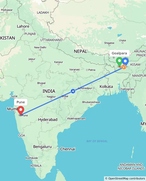 Route map showing distance and travel time from Goalpara, India to Pune, India