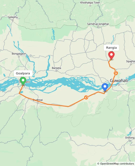 Route map showing distance and travel time from Goalpara, India to Rangia, India