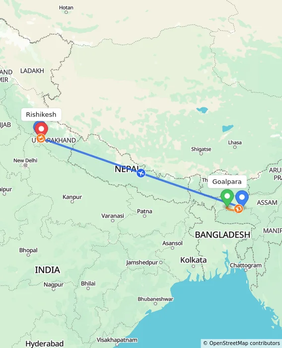Route map showing distance and travel time from Goalpara, India to Rishikesh, India