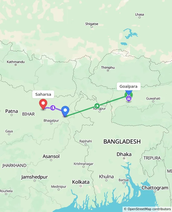 Route map showing distance and travel time from Goalpara, India to Saharsa, India