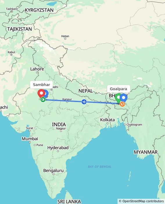 Route map showing distance and travel time from Goalpara, India to Sambhar, India