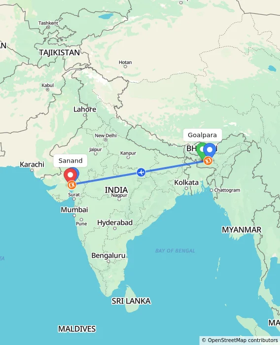 Route map showing distance and travel time from Goalpara, India to Sanand, India