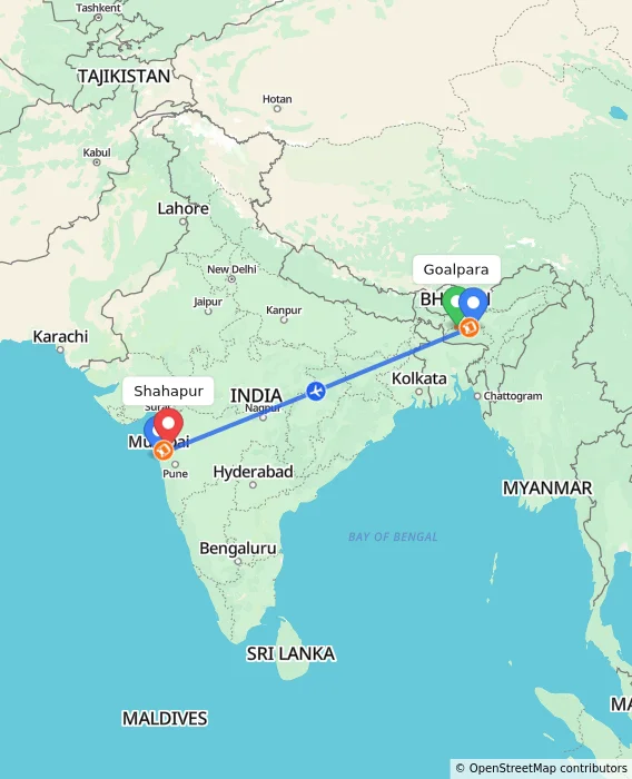Route map showing distance and travel time from Goalpara, India to Shahapur, India