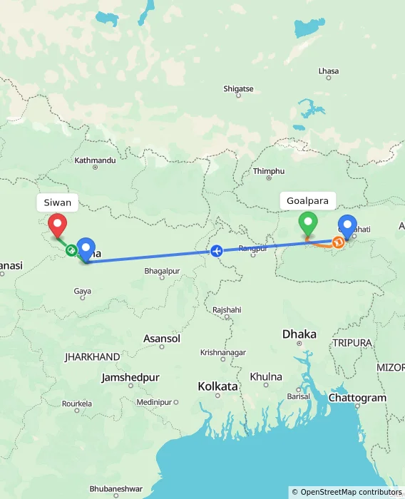 Route map showing distance and travel time from Goalpara, India to Siwan, India