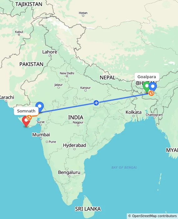 Route map showing distance and travel time from Goalpara, India to Somnath, India