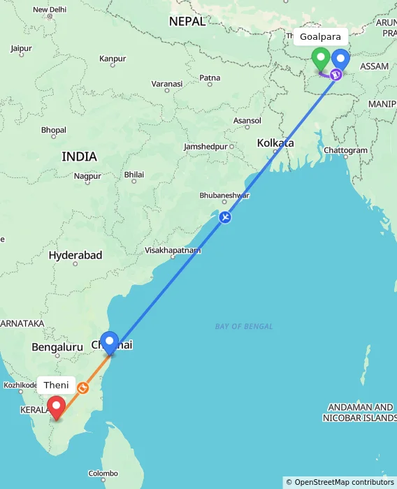Route map showing distance and travel time from Goalpara, India to Theni, India