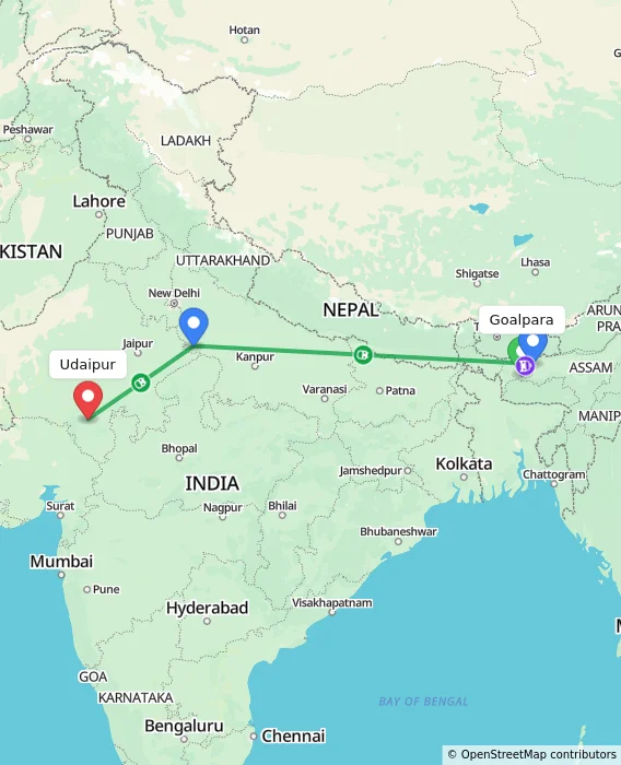 Route map showing distance and travel time from Goalpara, India to Udaipur, India
