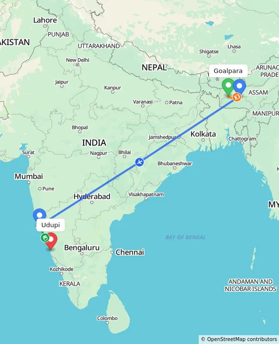 Route map showing distance and travel time from Goalpara, India to Udupi, India