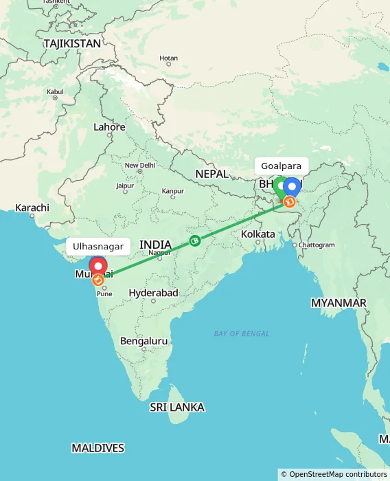 Route map showing distance and travel time from Goalpara, India to Ulhasnagar, India