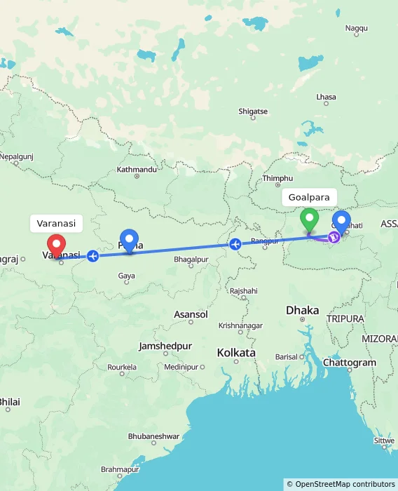 Route map showing distance and travel time from Goalpara, India to Varanasi, India