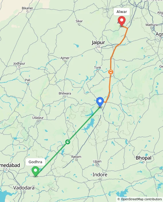 Route map showing distance and travel time from Godhra, India to Alwar, India