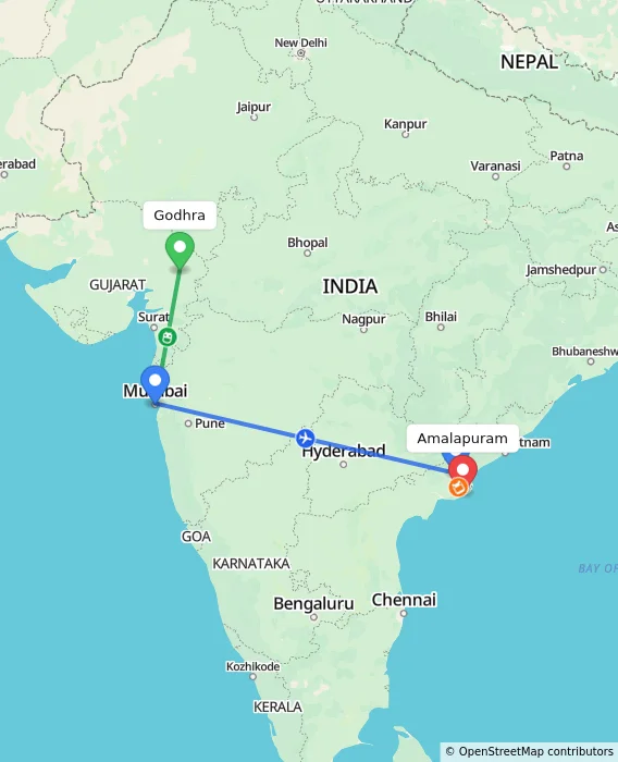Route map showing distance and travel time from Godhra, India to Amalapuram, India