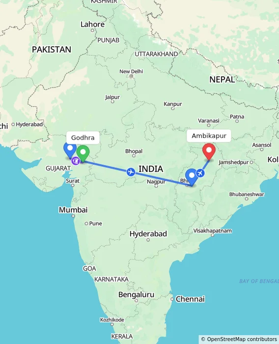 Route map showing distance and travel time from Godhra, India to Ambikapur, India