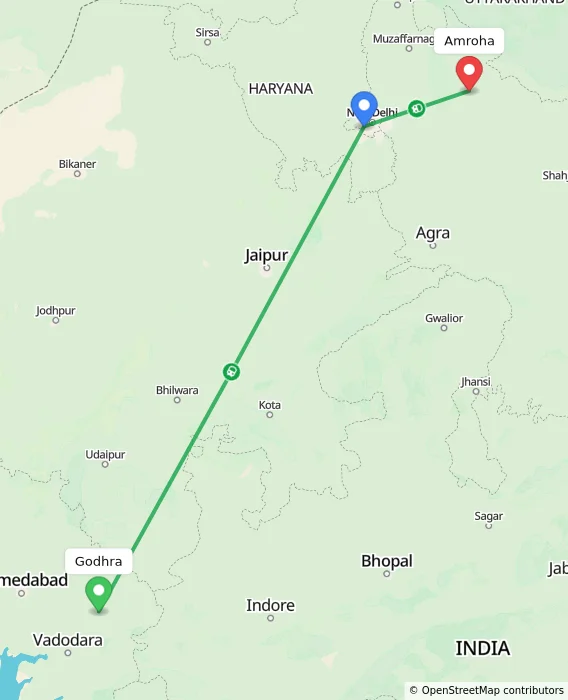 Route map showing distance and travel time from Godhra, India to Amroha, India