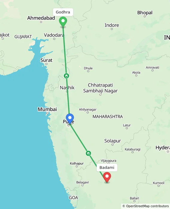 Route map showing distance and travel time from Godhra, India to Badami, India
