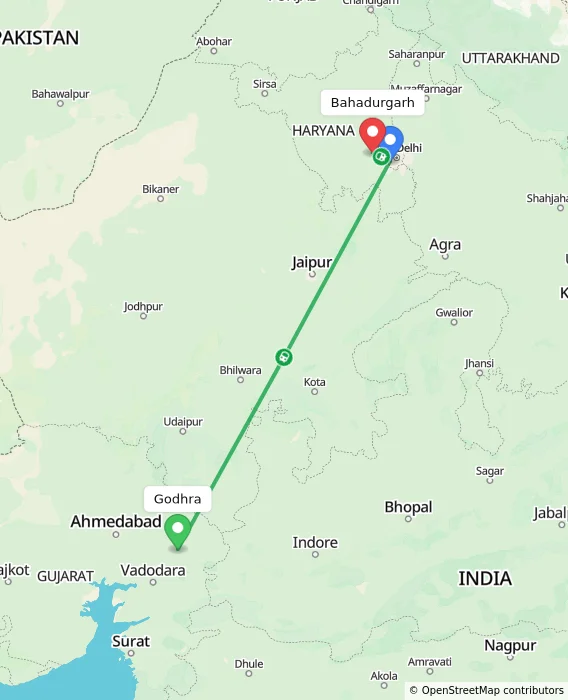 Route map showing distance and travel time from Godhra, India to Bahadurgarh, India