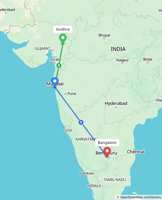 Route map showing distance and travel time from Godhra, India to Bangalore, India