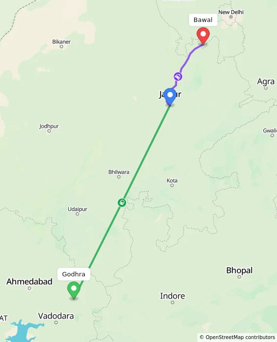 Route map showing distance and travel time from Godhra, India to Bawal, India
