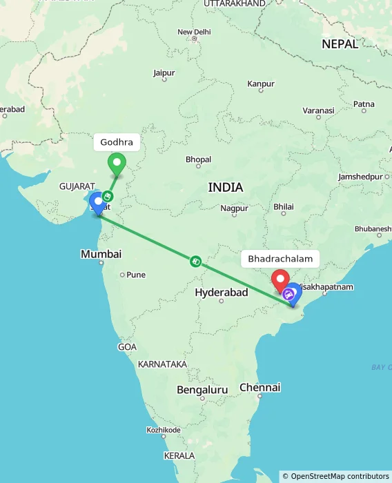 Route map showing distance and travel time from Godhra, India to Bhadrachalam, India