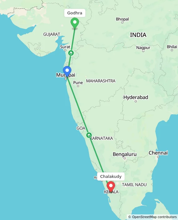 Route map showing distance and travel time from Godhra, India to Chalakudy, India