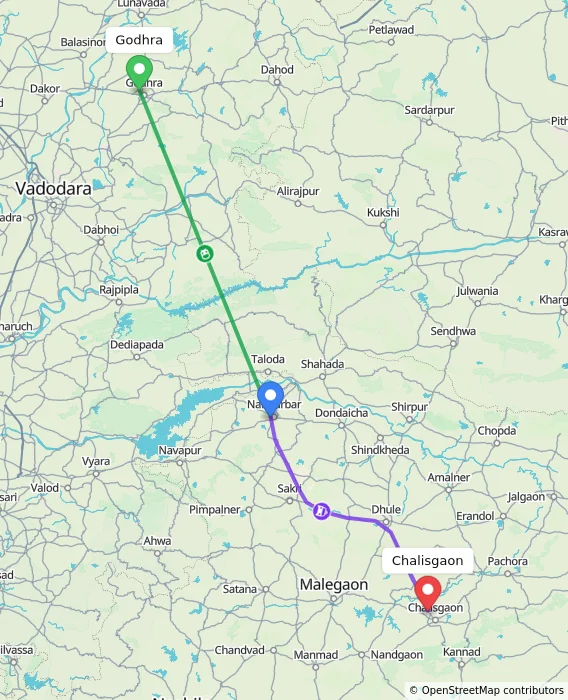 Route map showing distance and travel time from Godhra, India to Chalisgaon, India