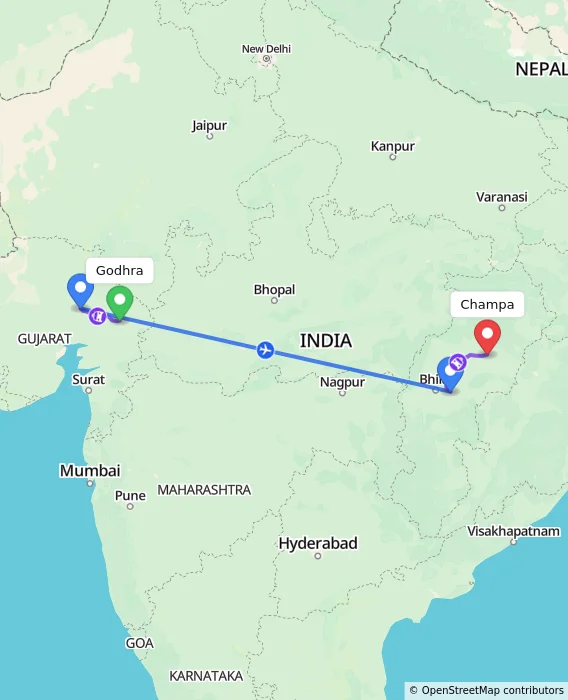 Route map showing distance and travel time from Godhra, India to Champa, India