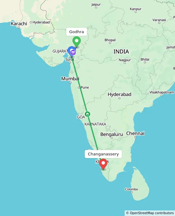 Route map showing distance and travel time from Godhra, India to Changanassery, India