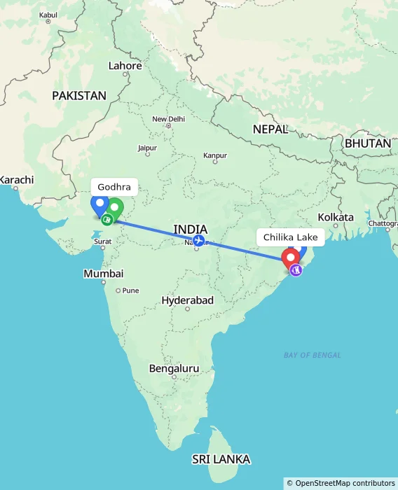 Route map showing distance and travel time from Godhra, India to Chilika Lake, India