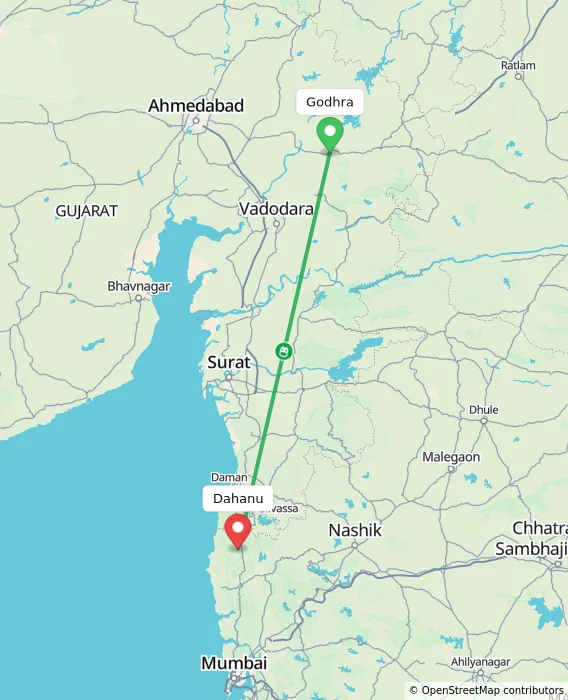 Route map showing distance and travel time from Godhra, India to Dahanu, India