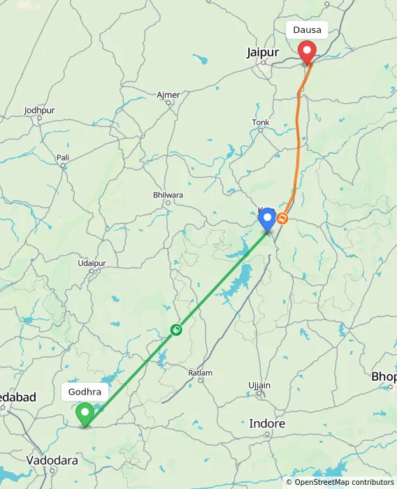 Route map showing distance and travel time from Godhra, India to Dausa, India