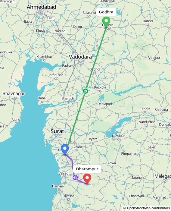 Route map showing distance and travel time from Godhra, India to Dharampur, India