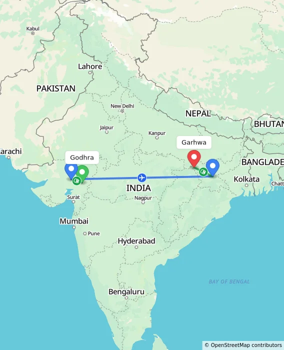 Route map showing distance and travel time from Godhra, India to Garhwa, India