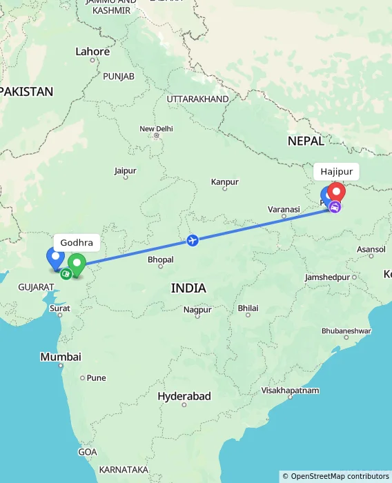 Route map showing distance and travel time from Godhra, India to Hajipur, India